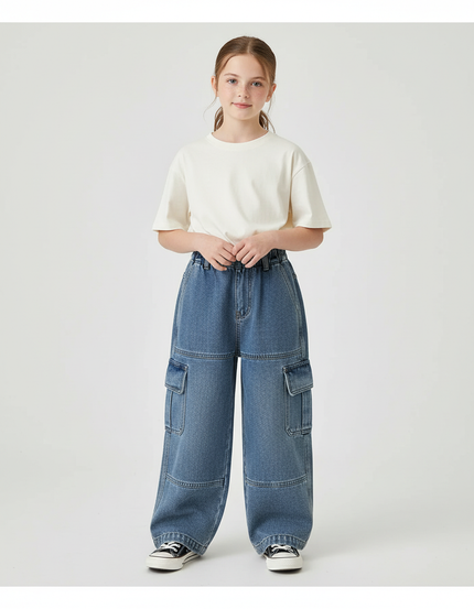 Pantalon Cargo Bleu Denim Ample Multipoches Enfant - Jean