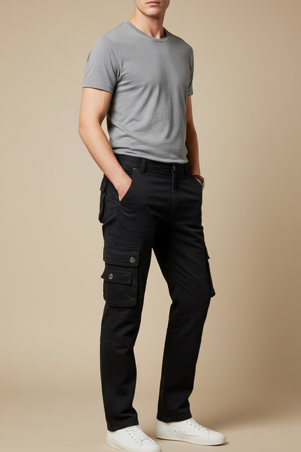 Pantalon Cargo Noir Coton Multipoches Homme