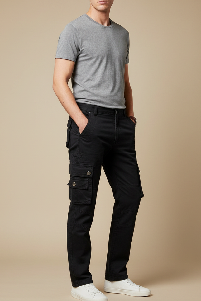 Pantalon Cargo Noir Coton Multipoches Homme