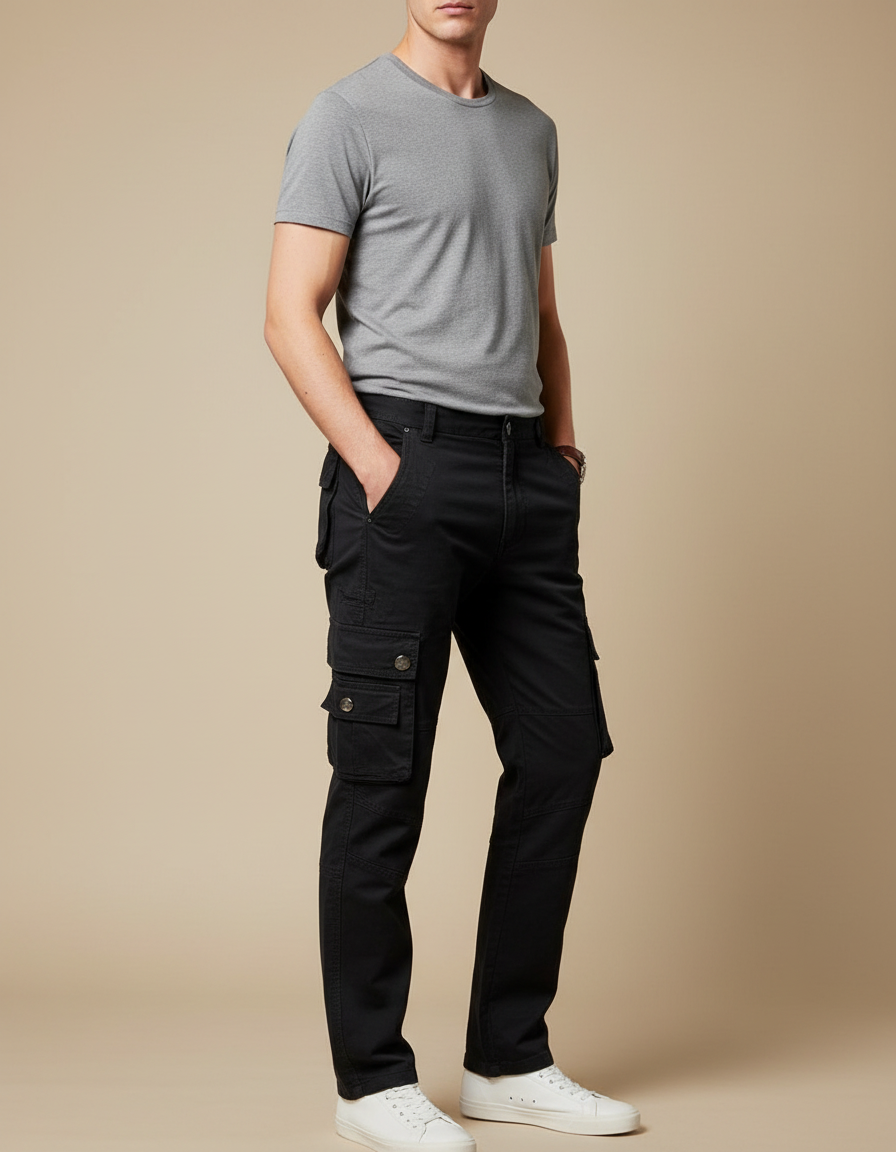 Pantalon Cargo Noir Coton Multipoches Homme