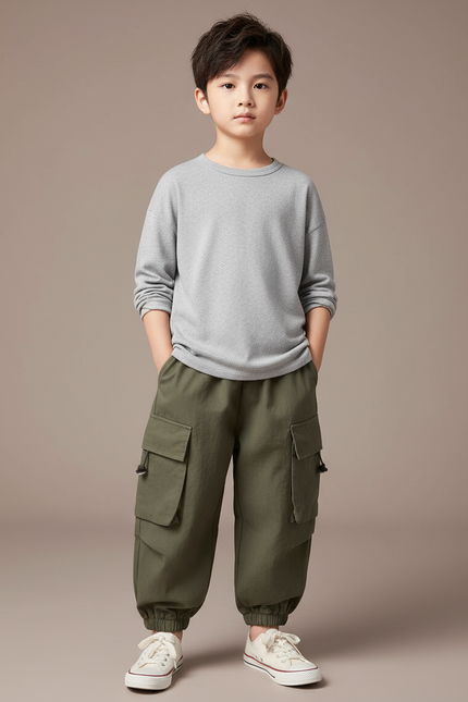 Pantalon Cargo Vert Militaire Ample Garçon Décontracté - Kaki Toile
