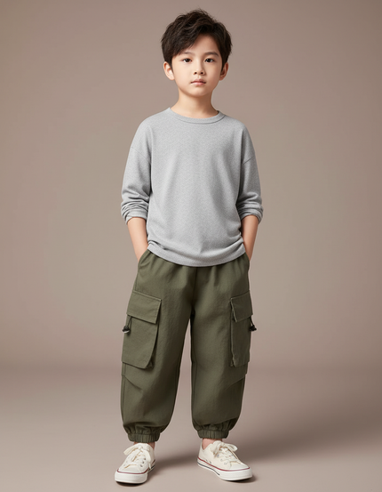 Pantalon Cargo Vert Militaire Ample Garçon Décontracté - Kaki Toile