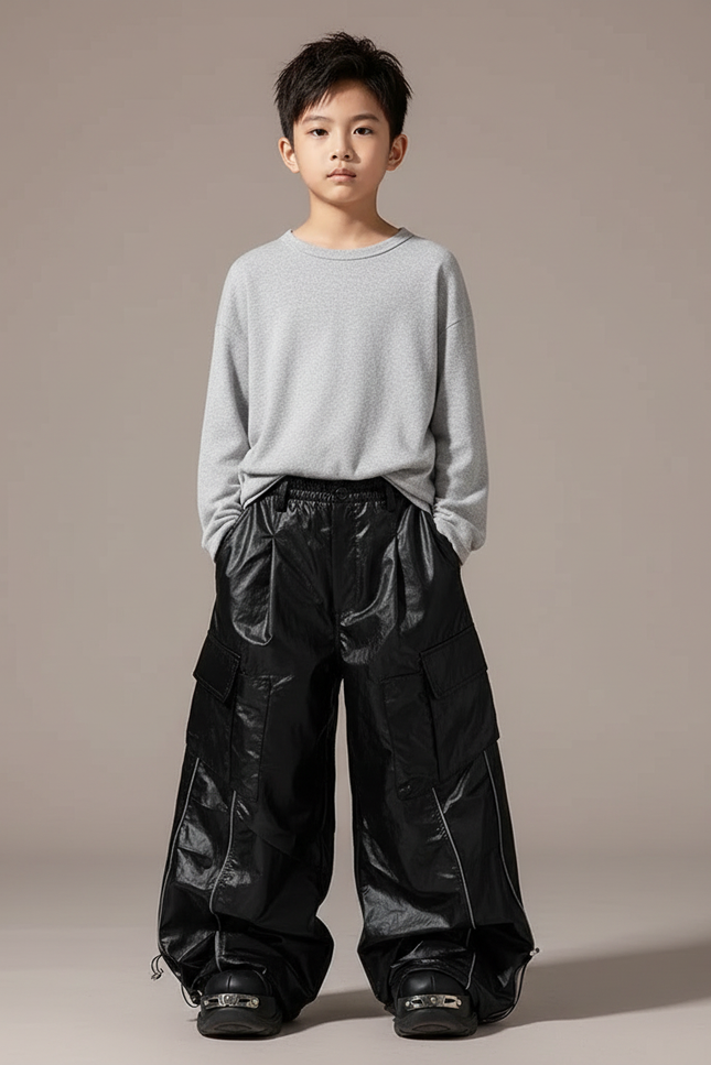Pantalon Cargo Noir Ample Brillant Réfléchissant Enfant - Polyester