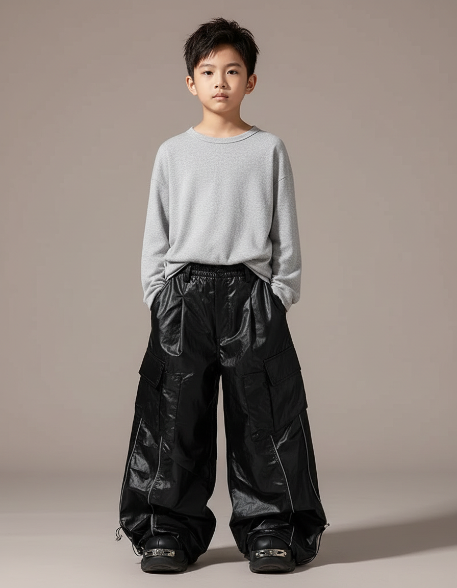 Pantalon Cargo Noir Ample Brillant Réfléchissant Enfant - Polyester