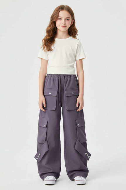 Pantalon Cargo Fille Violet Parachute Toile