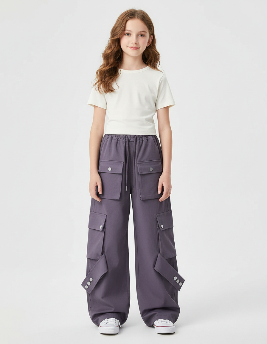 Pantalon Cargo Fille Violet Parachute Toile