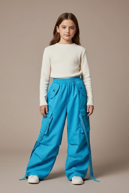 Pantalon Cargo Bleu Ample Multipoches Enfant Streetwear - Polyester