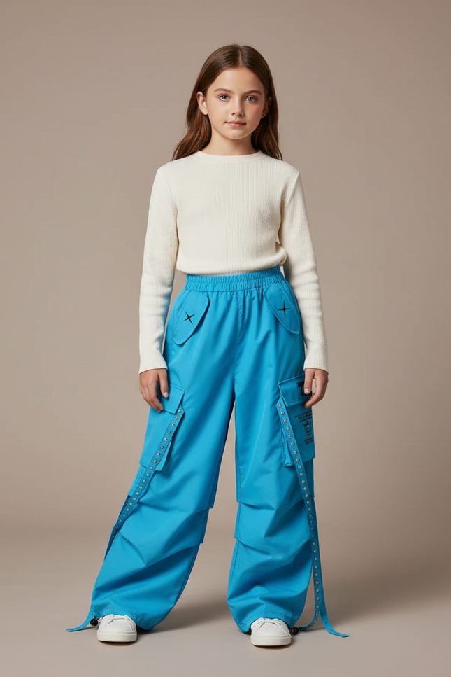 Pantalon Cargo Bleu Ample Multipoches Enfant Streetwear - Polyester