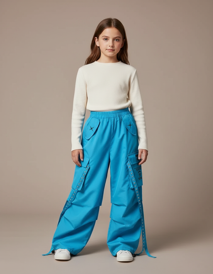 Pantalon Cargo Bleu Ample Multipoches Enfant Streetwear - Polyester