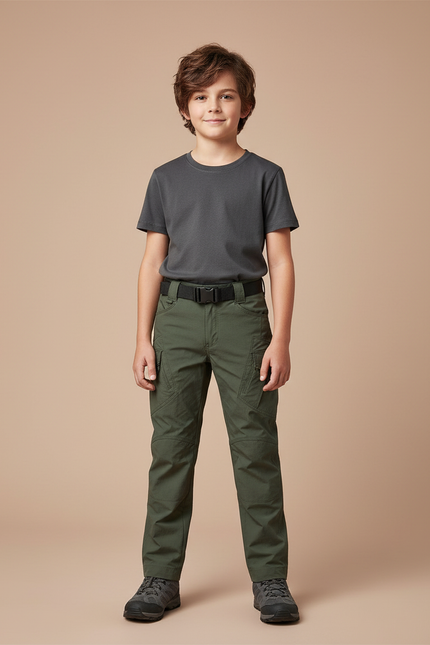 Pantalon Cargo Vert Militaire Garçon Multipoches Solide - Kaki Toile