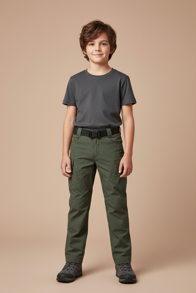 Pantalon Cargo Vert Militaire Garçon Multipoches Solide - Kaki Toile