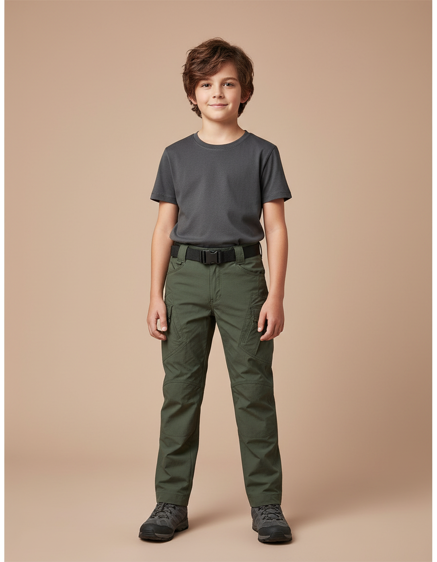 Pantalon Cargo Vert Militaire Garçon Multipoches Solide - Kaki Toile