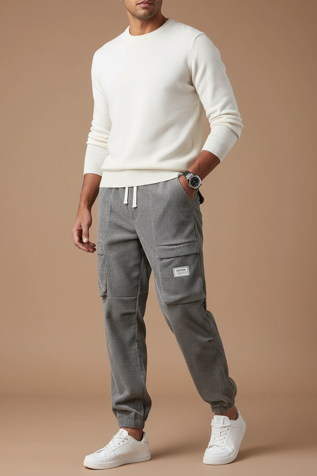 Pantalon Cargo Gris Côtelé Ample Homme Décontracté - Cordé