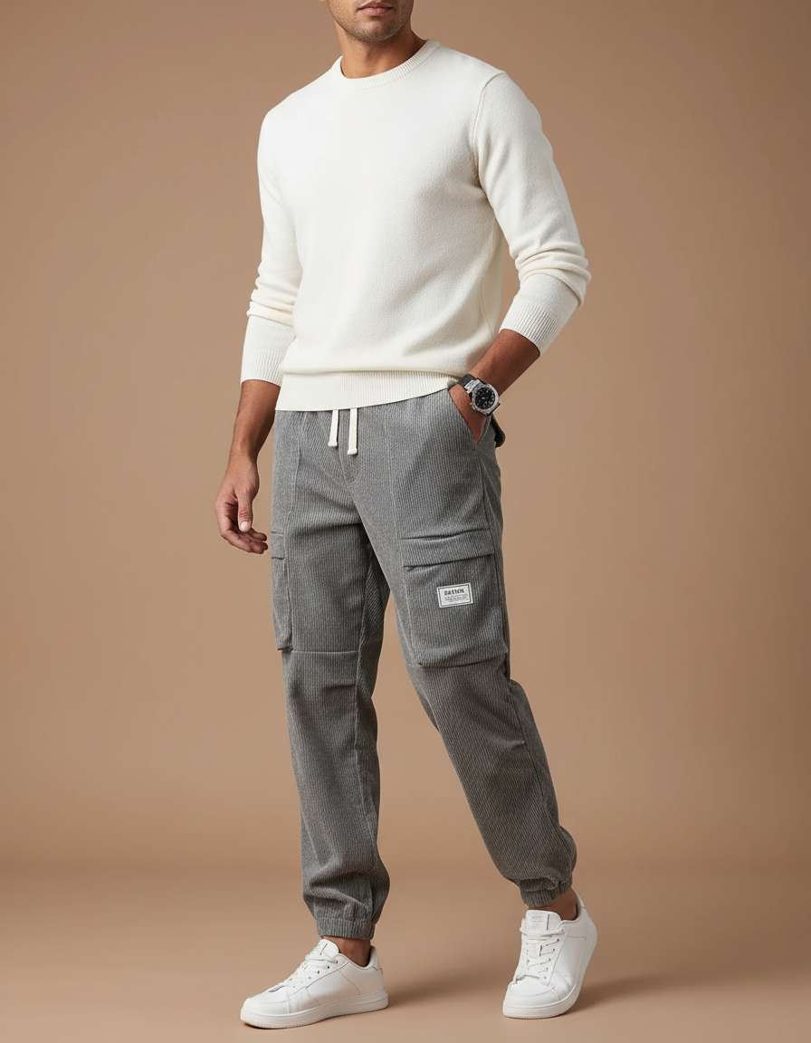 Pantalon Cargo Gris Côtelé Ample Homme Décontracté - Cordé