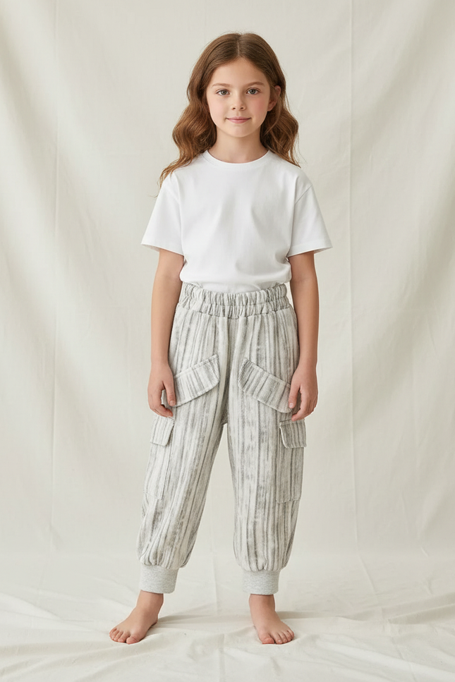 Pantalon Cargo Gris Rayé Ample Molleton Enfant