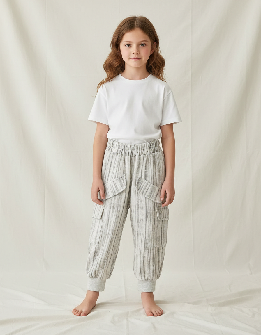 Pantalon Cargo Gris Rayé Ample Molleton Enfant