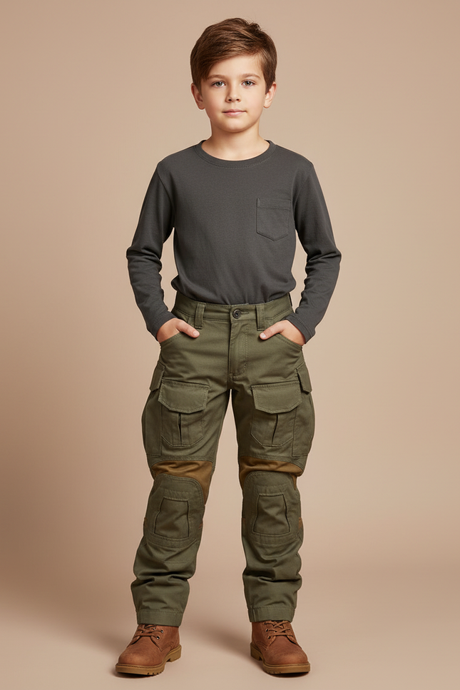 Pantalon Cargo Vert Militaire Renforcé Multipoches Enfant - Kaki Toile