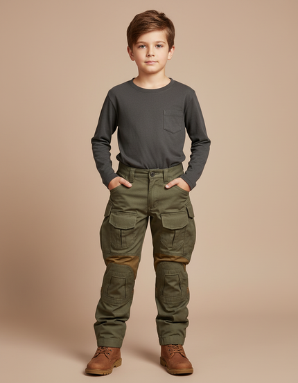 Pantalon Cargo Vert Militaire Renforcé Multipoches Enfant - Kaki Toile
