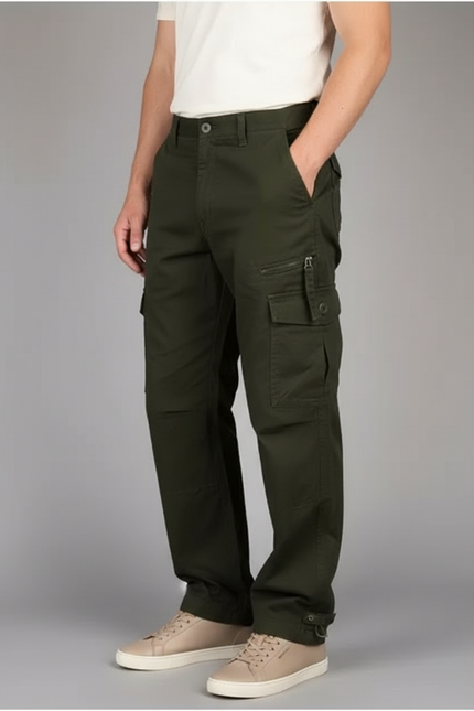 Pantalon Cargo Vert Kaki Ample Coton Multipoches