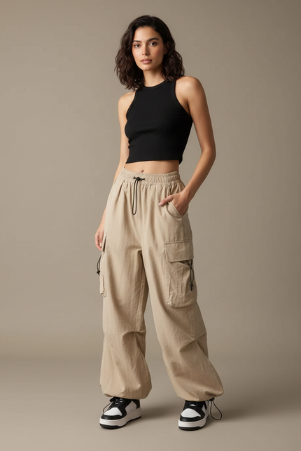 Pantalon Cargo Beige Ample Taille Haute Femme - Coton