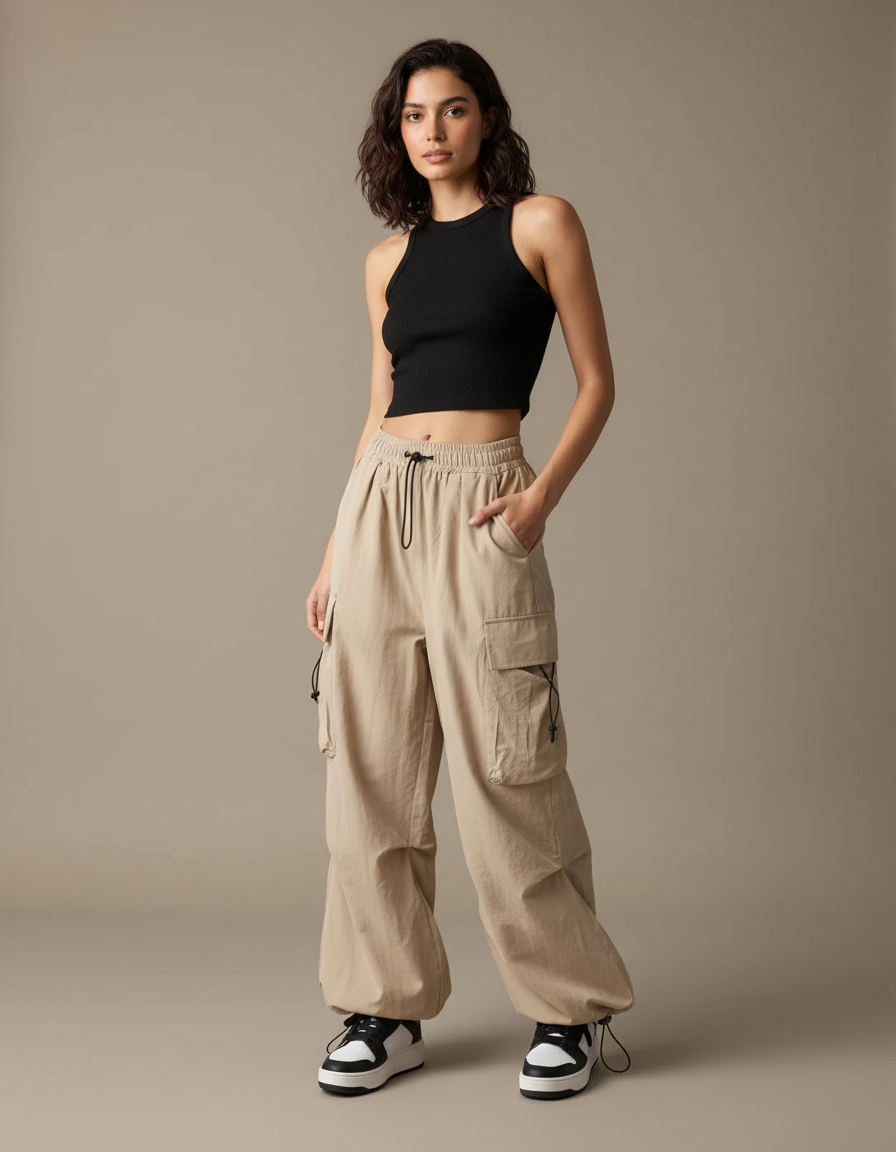 Pantalon Cargo Beige Ample Taille Haute Femme - Coton