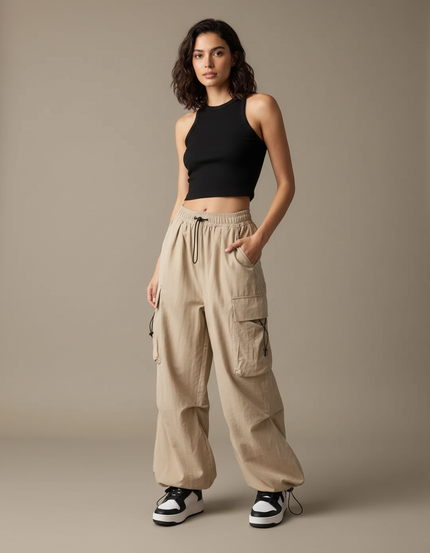 Pantalon Cargo Beige Ample Taille Haute Femme - Coton