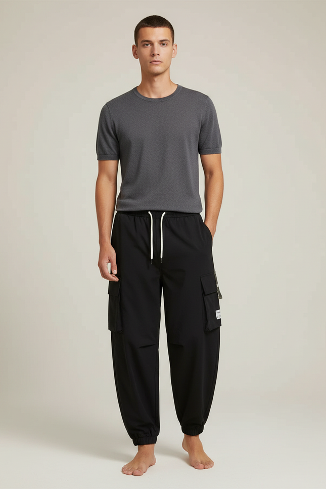 Pantalon Cargo Noir Ample Cordon Multipoches Décontracté Homme - Polyester