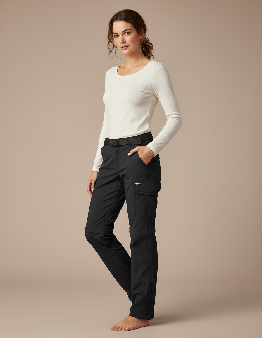 Pantalon Cargo Noir Convertible Léger Femme - Polyester