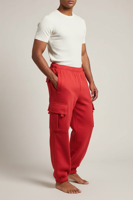 Pantalon Cargo Rouge Ample Molletonné Multi-Poches