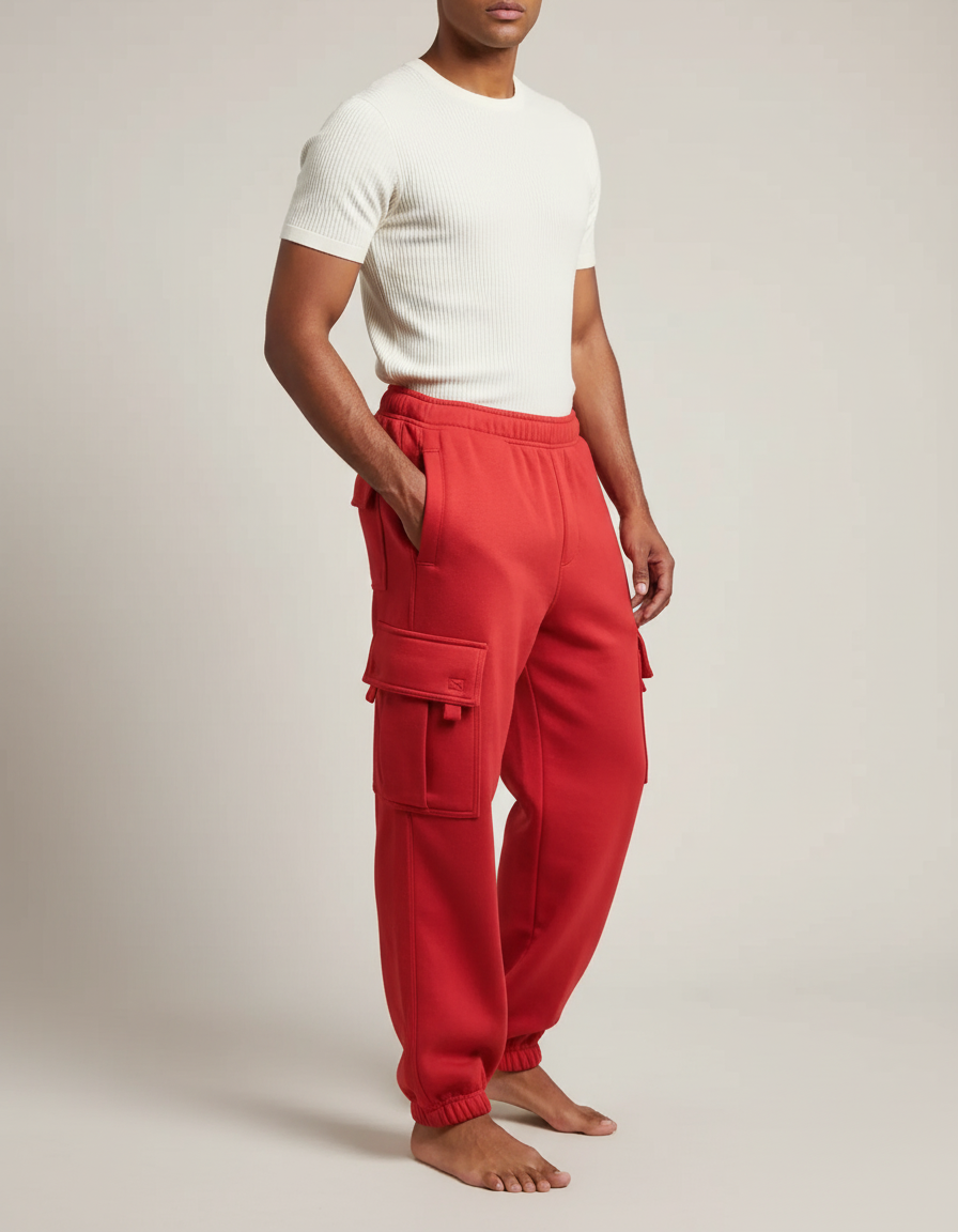 Pantalon Cargo Rouge Ample Molletonné Multi-Poches