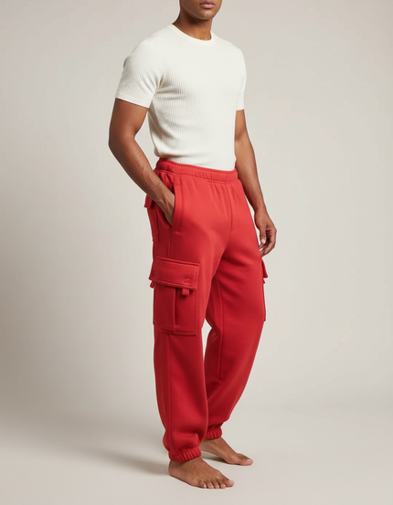Pantalon Cargo Rouge Ample Molletonné Multi-Poches