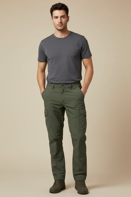 Pantalon Cargo Homme Vert Militaire Décontracté Multi-Poches - Kaki Polyester