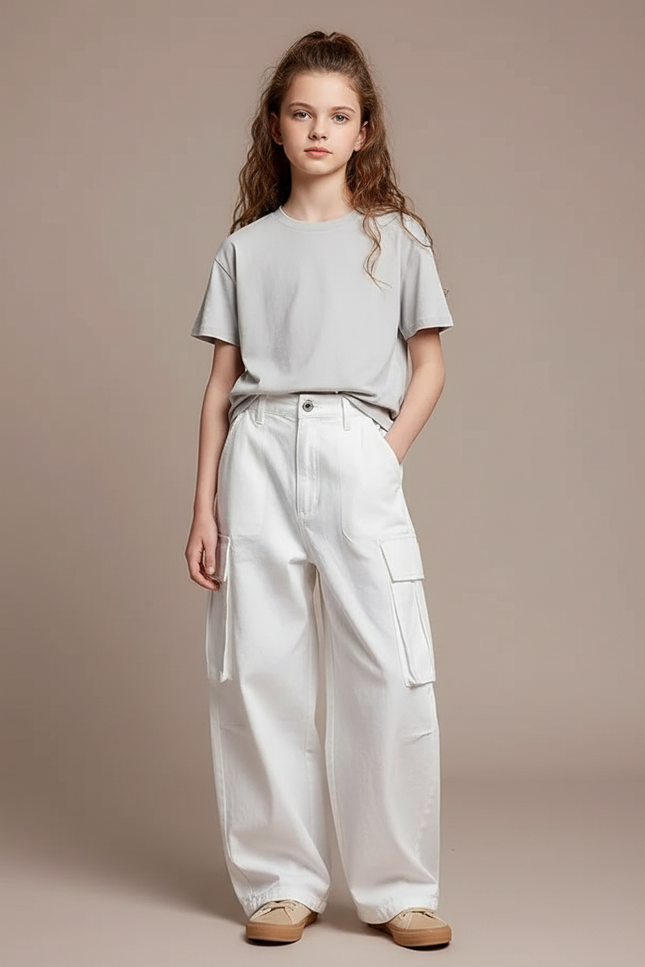 Pantalon Cargo Fille Blanc Baggy - Toile