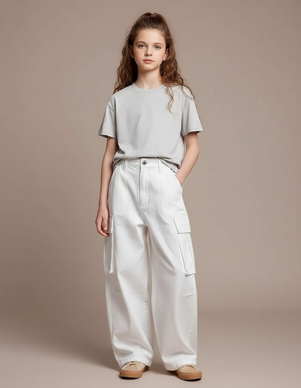 Pantalon Cargo Fille Blanc Baggy - Toile