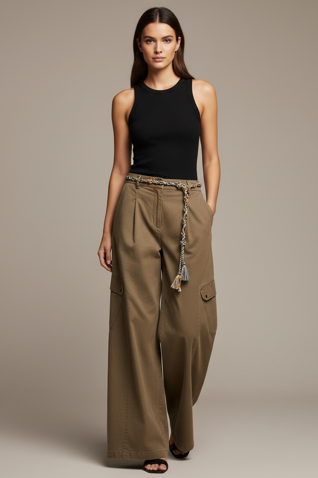 Pantalon Cargo Ceinture Femme - Kaki Toile