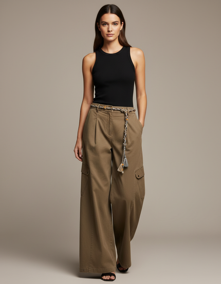 Pantalon Cargo Ceinture Femme - Kaki Toile