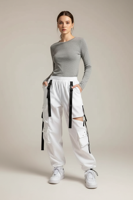 Pantalon Cargo Blanc Ample Multipoches Sangles Femme - Polyester