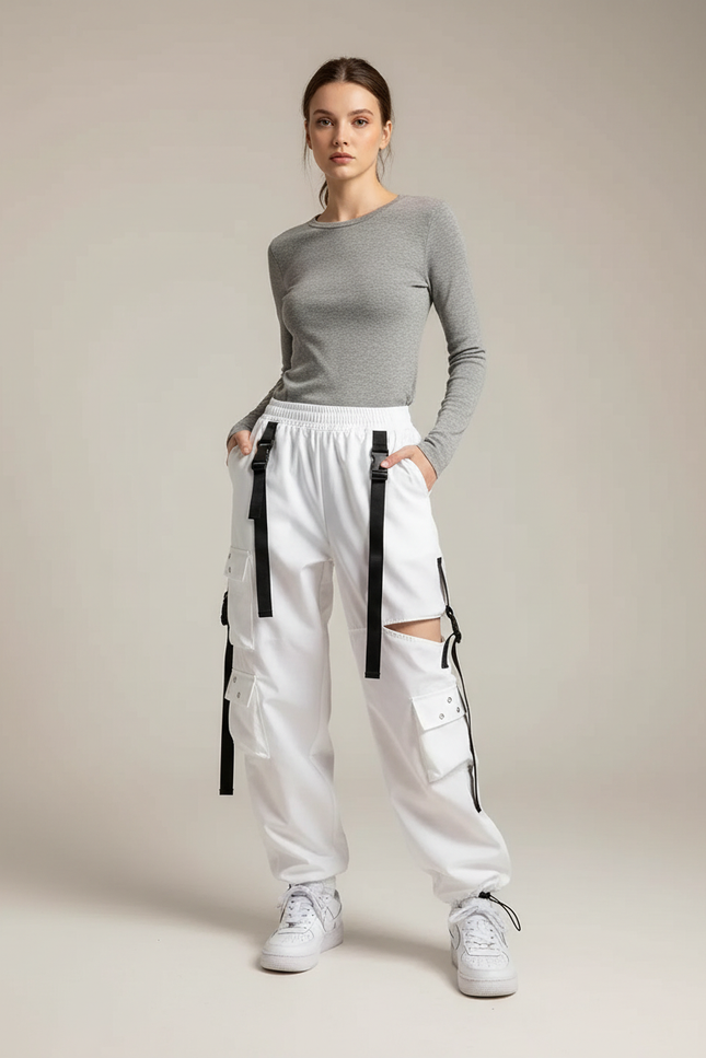 Pantalon Cargo Blanc Ample Multipoches Sangles Femme - Polyester