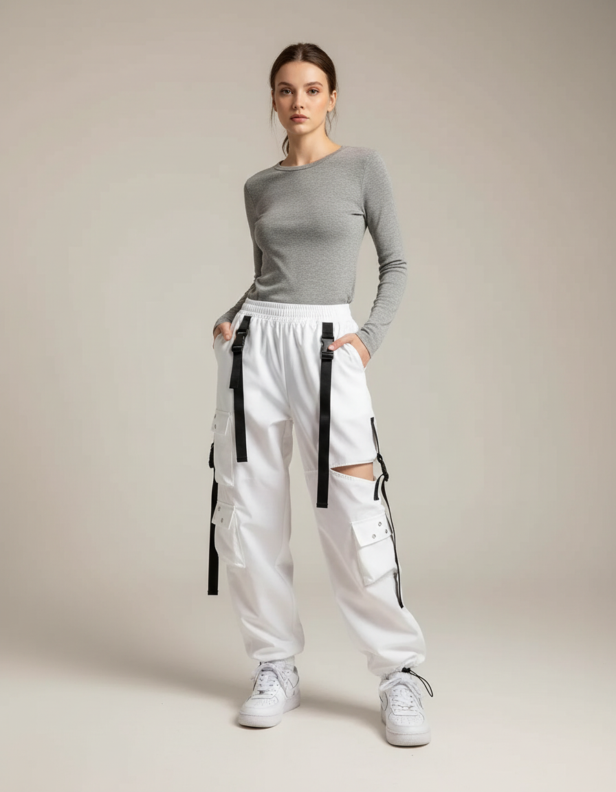 Pantalon Cargo Blanc Ample Multipoches Sangles Femme - Polyester