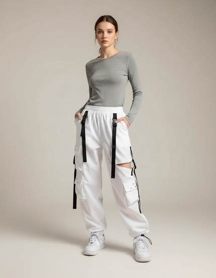 Pantalon Cargo Blanc Ample Multipoches Sangles Femme - Polyester