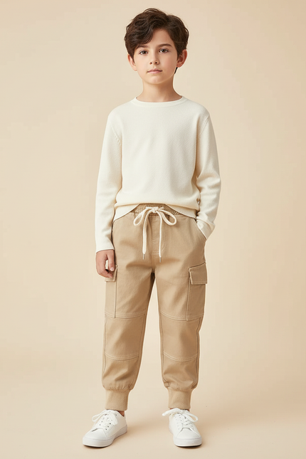 Pantalon Cargo Beige Coton Poches Décontracté Garçon