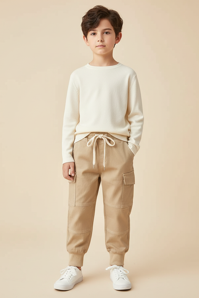 Pantalon Cargo Beige Coton Poches Décontracté Garçon