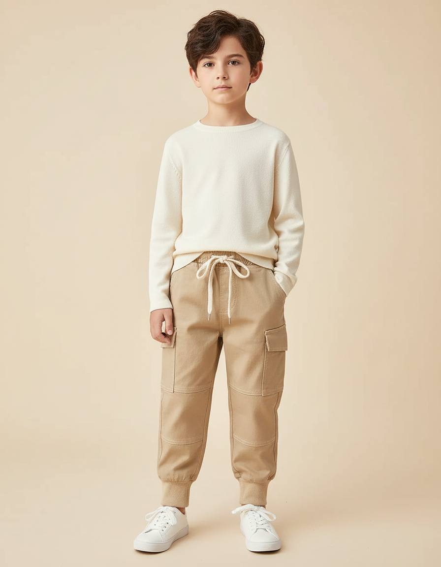 Pantalon Cargo Beige Coton Poches Décontracté Garçon