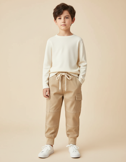 Pantalon Cargo Beige Coton Poches Décontracté Garçon