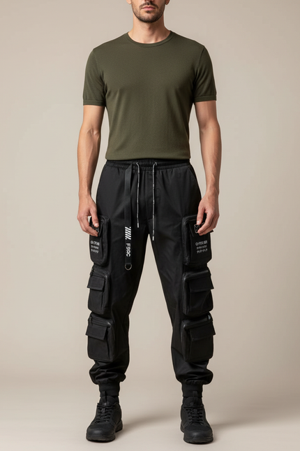Pantalon Cargo Noir Techwear Multipoches Homme Urbain - Polyester