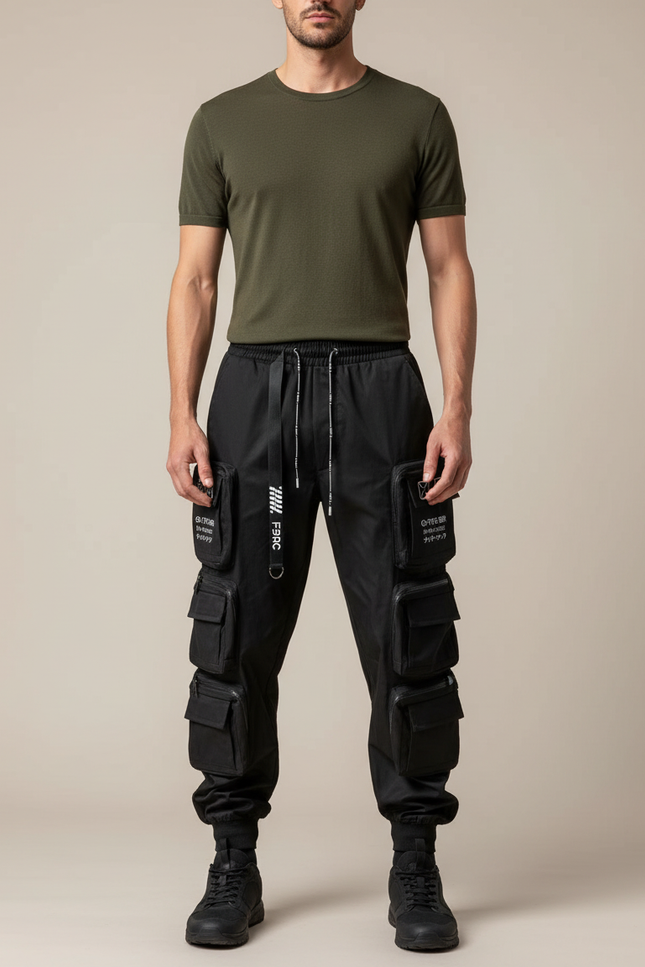 Pantalon Cargo Noir Techwear Multipoches Homme Urbain - Polyester