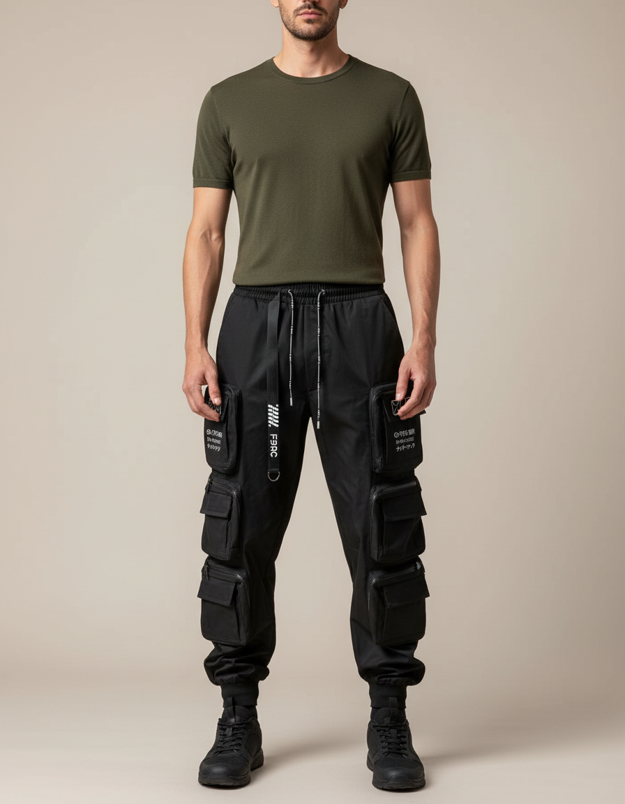 Pantalon Cargo Noir Techwear Multipoches Homme Urbain - Polyester