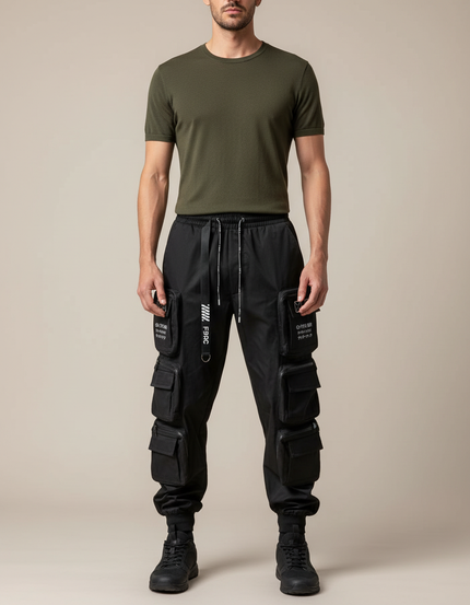 Pantalon Cargo Noir Techwear Multipoches Homme Urbain - Polyester