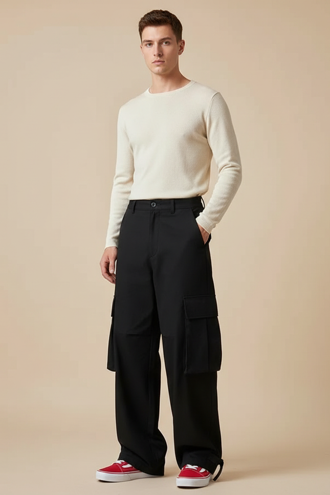 Pantalon Cargo Noir Ample Décontracté Homme Moderne - Gabardine