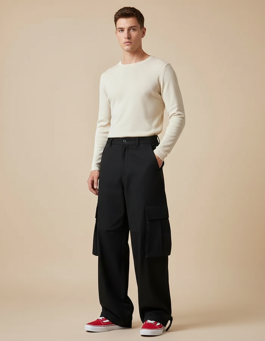 Pantalon Cargo Noir Ample Décontracté Homme Moderne - Gabardine